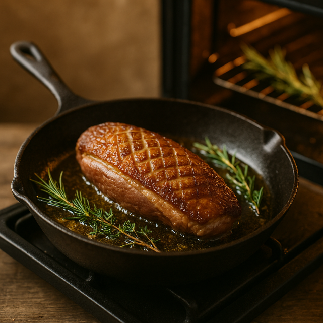 Magret de canard croustillant quadrillé dans une poêle en fonte avec herbes aromatiques devant un four ouvert